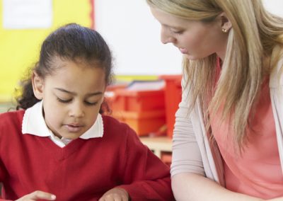 female primary teacher in class with pupil